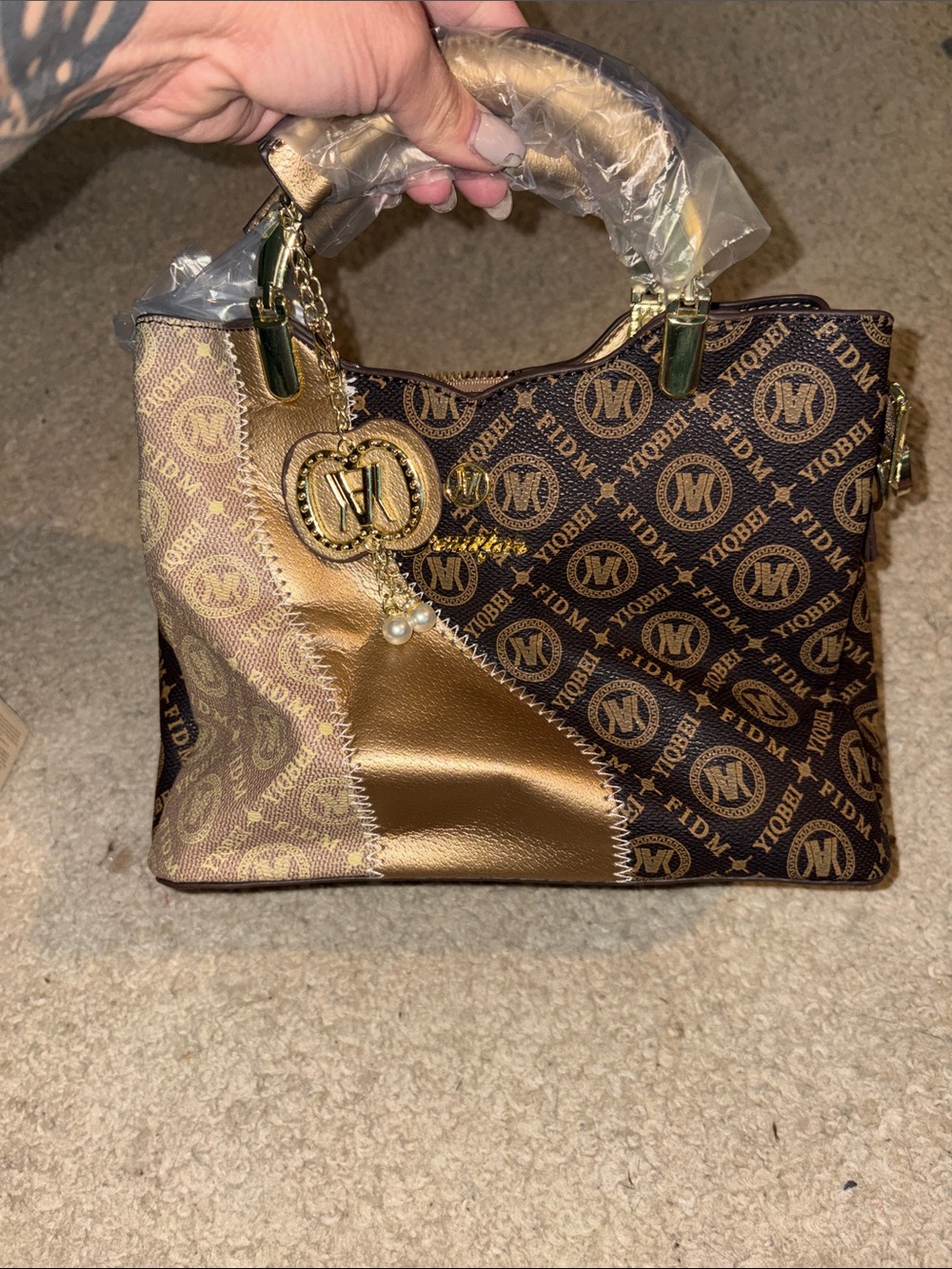 Monogram Patchwork Tote Bag in Brown and Gold